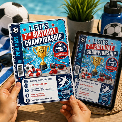 Ticket Pool Pass 7th Birthday Invitation for Boys — soccer design