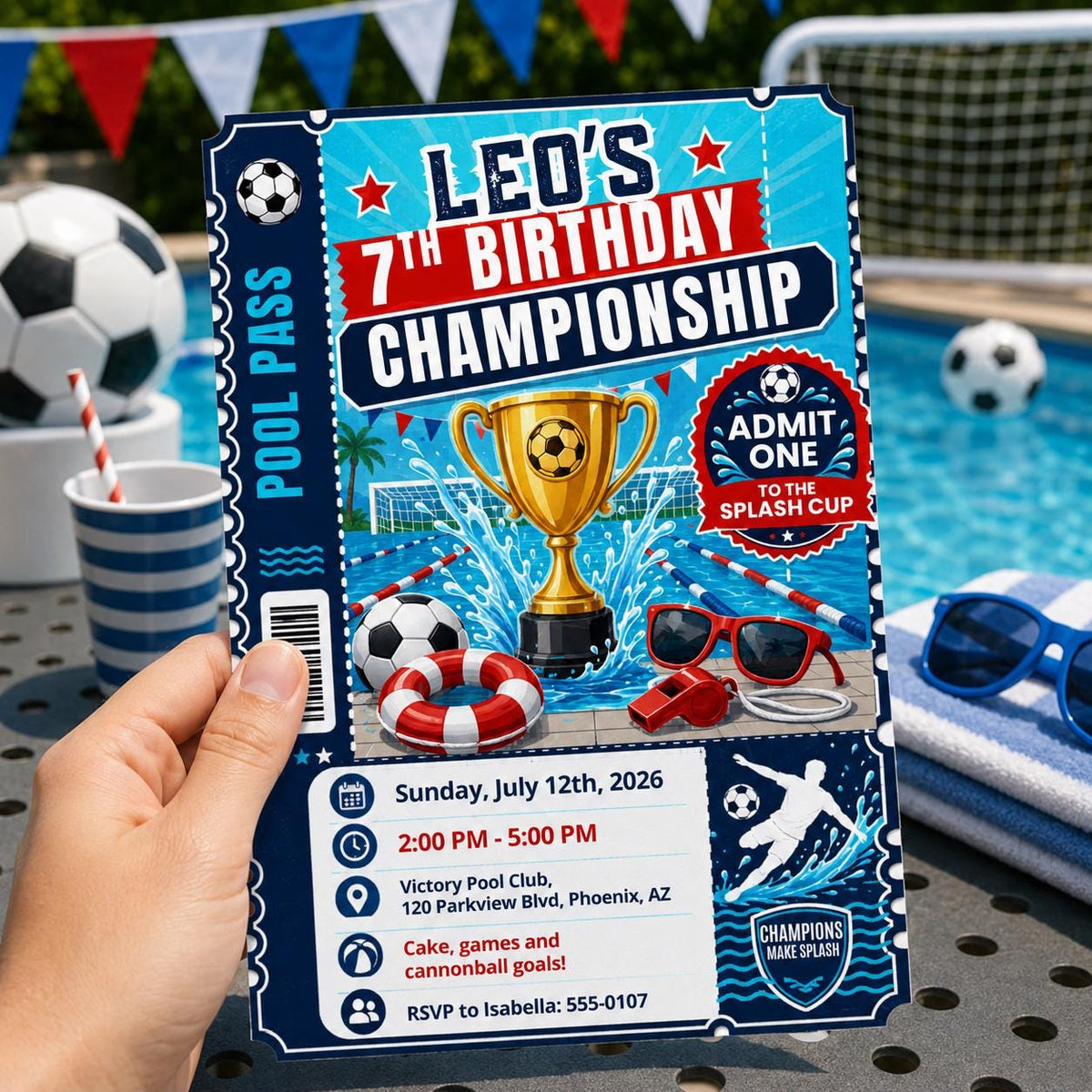 Ticket Pool Pass 7th Birthday Invitation for Boys — digital invitation, instant download
