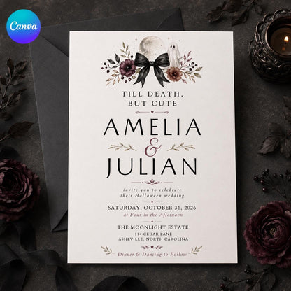 Till Death but Cute Gothic Wedding Invitation with Black Bow — editable Canva template