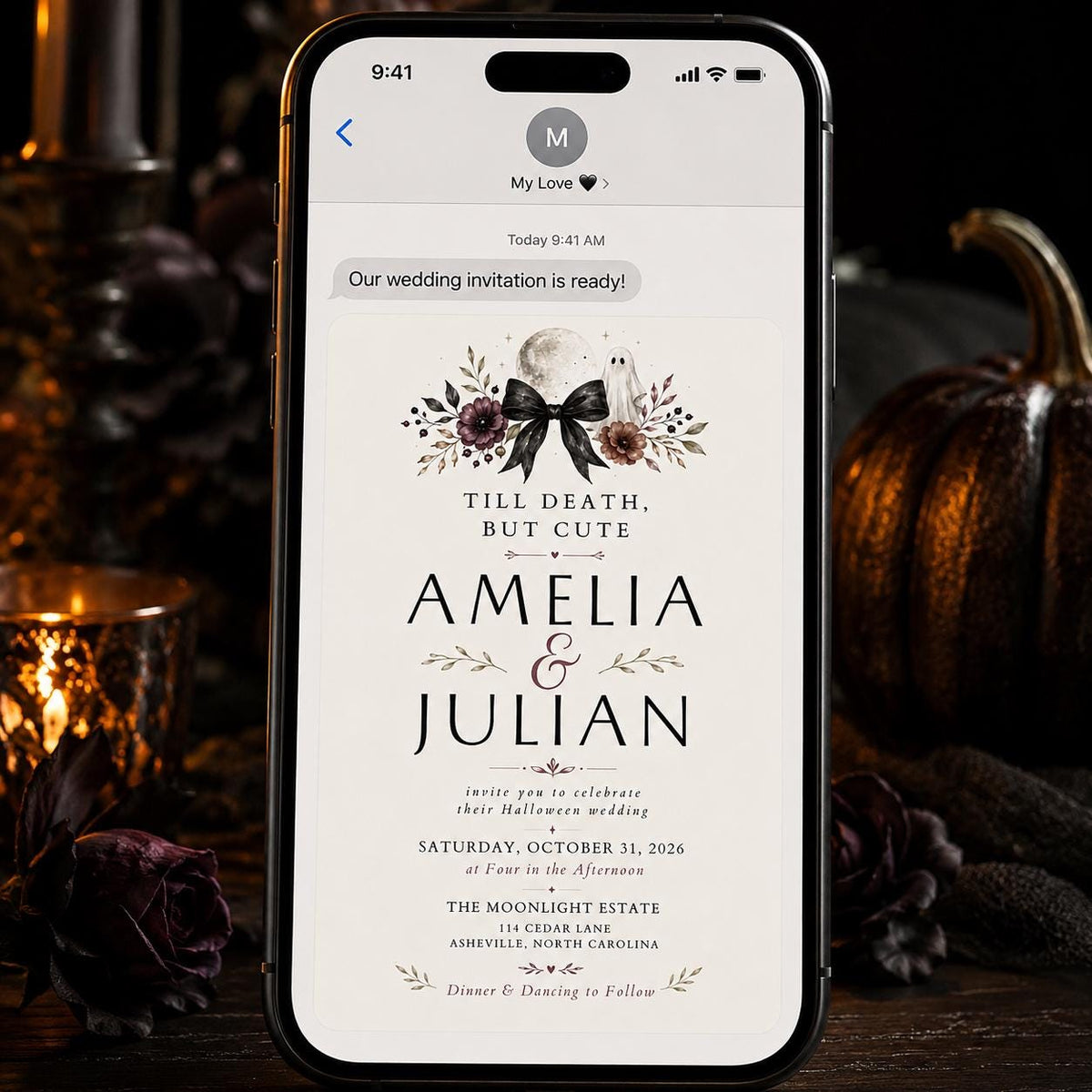 Till Death but Cute Gothic Wedding Invitation with Black Bow in cream