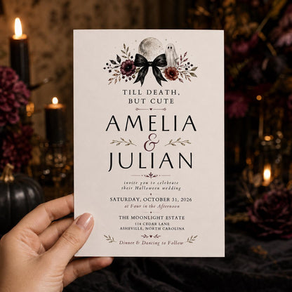 Till Death but Cute Gothic Wedding Invitation with Black Bow — rose design