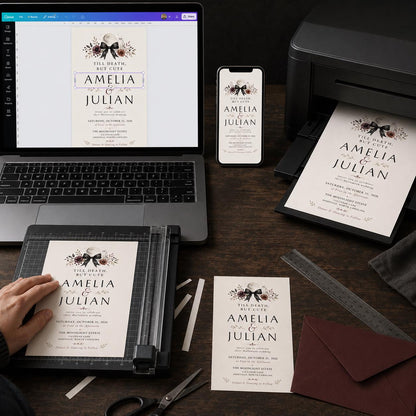 Till Death but Cute Gothic Wedding Invitation with Black Bow — invitation you personalize in Canva