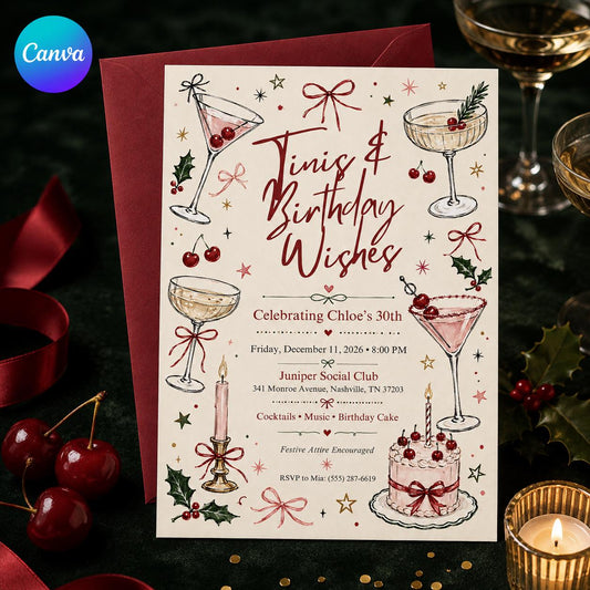 Tinis and Birthday Wishes 30th Birthday Invitation — editable Canva template