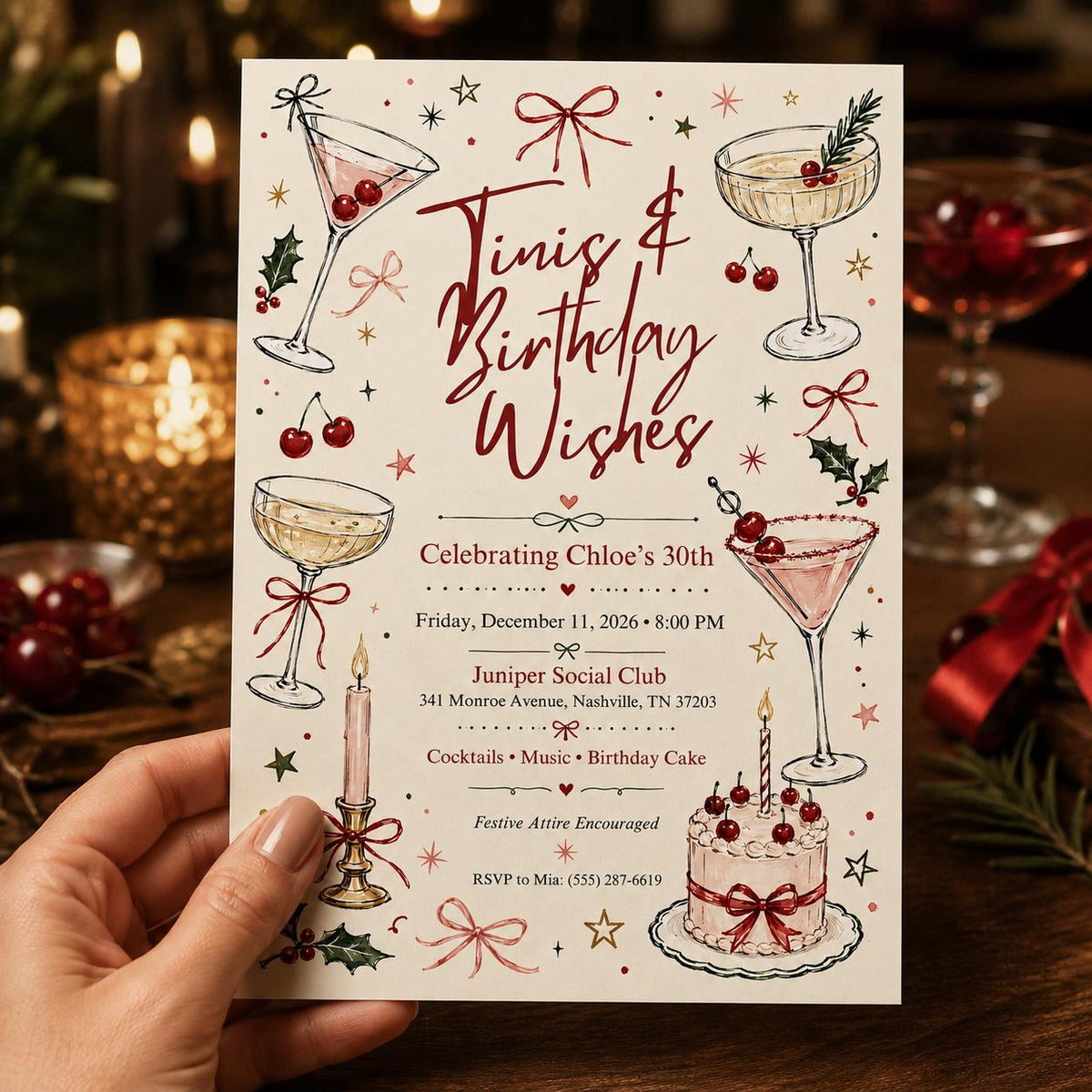 Tinis and Birthday Wishes 30th Birthday Invitation — bow cake design