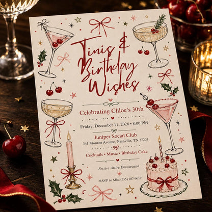 Tinis and Birthday Wishes 30th Birthday Invitation — hand drawn 30th birthday party design