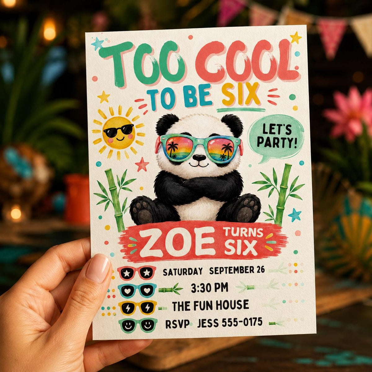 Too Cool to Be Six Panda Birthday Invitation — invitation you personalize in Canva