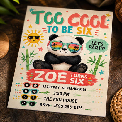 Too Cool to Be Six Panda Birthday Invitation — digital invitation, instant download