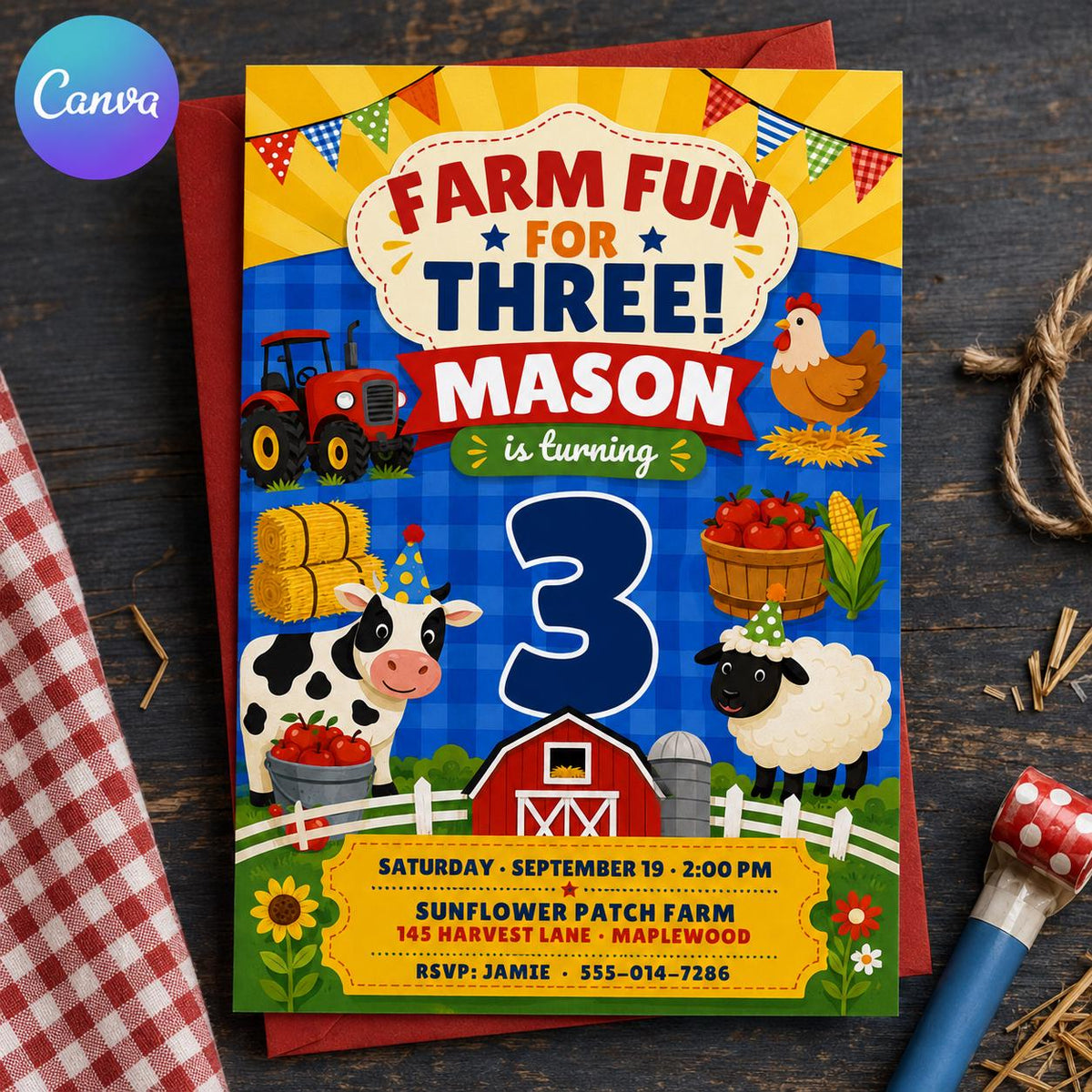 Tractor Farm 3rd Birthday Invitation — editable Canva template