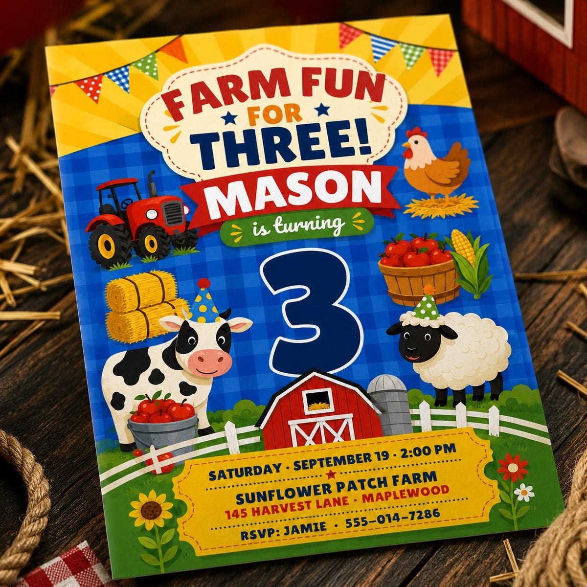 Tractor Farm 3rd Birthday Invitation — invitation you personalize in Canva