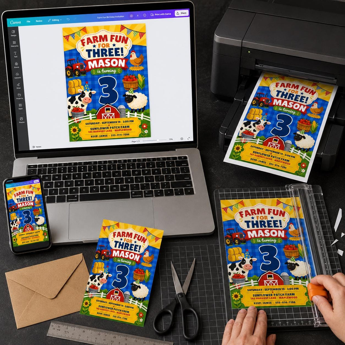 Tractor Farm 3rd Birthday Invitation — print-ready 3rd birthday party design from VoltBy