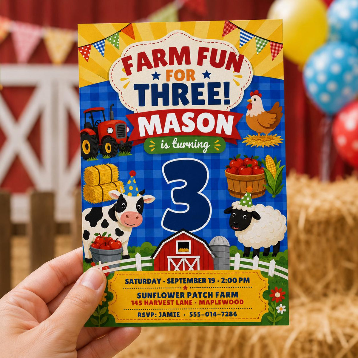 Tractor Farm 3rd Birthday Invitation — digital invitation, instant download