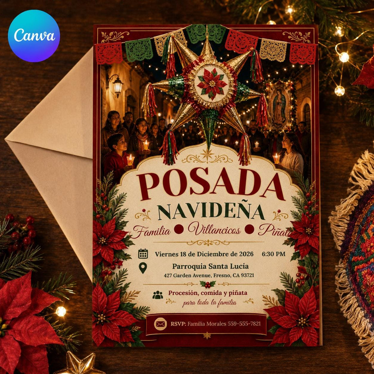 Traditional Posada Navideña Invitation — editable Canva template