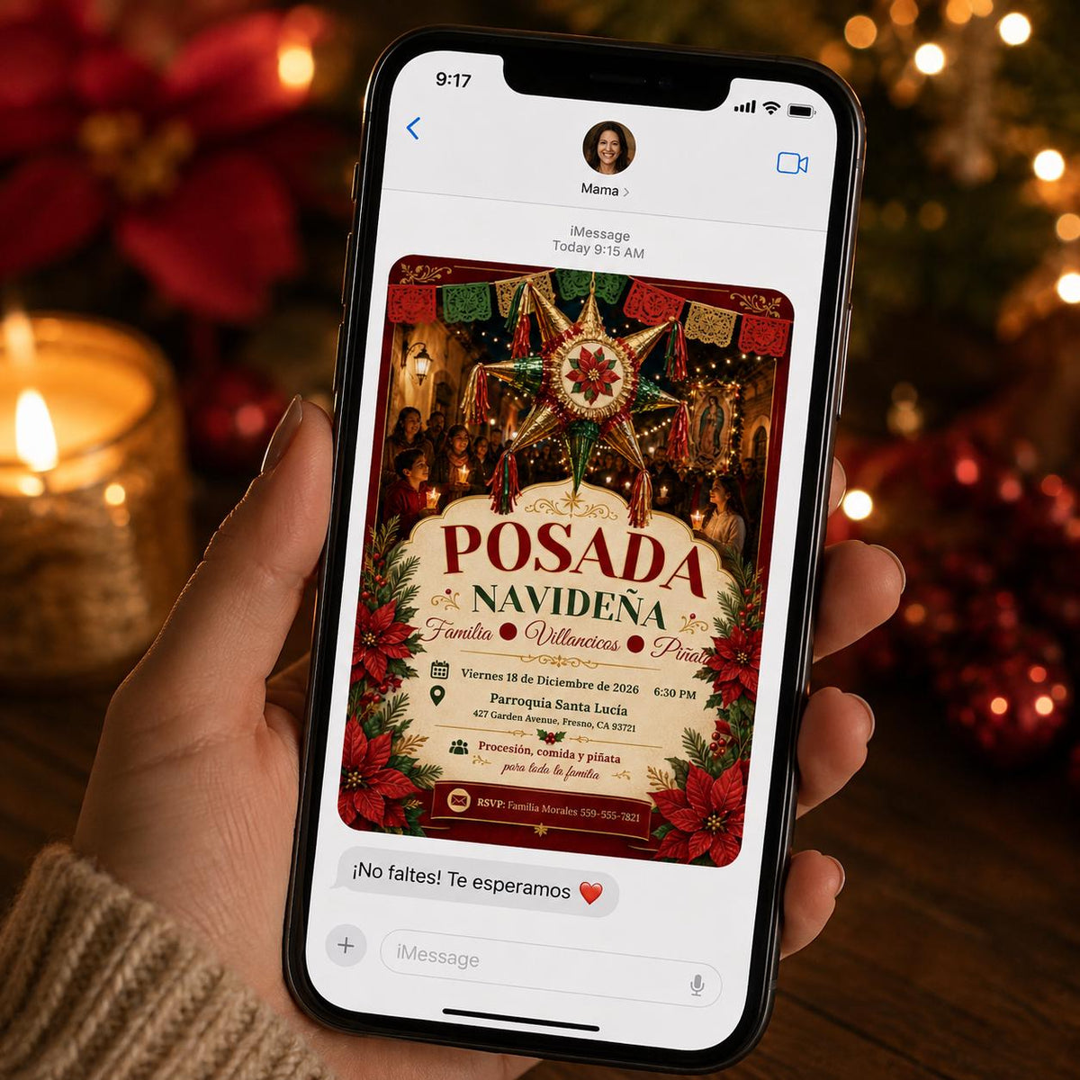 Traditional Posada Navideña Invitation in burgundy and gold
