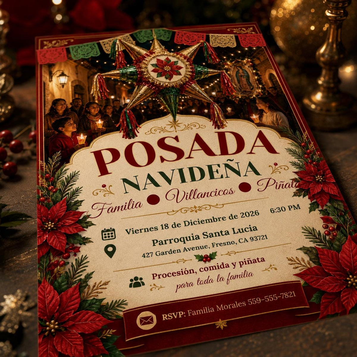 Traditional Posada Navideña Invitation — fiesta artwork in burgundy and gold