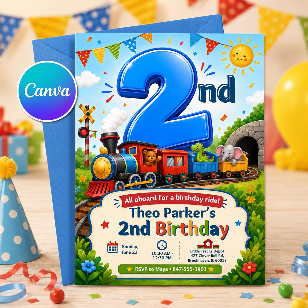 Train 2nd Birthday Invitation — editable Canva template