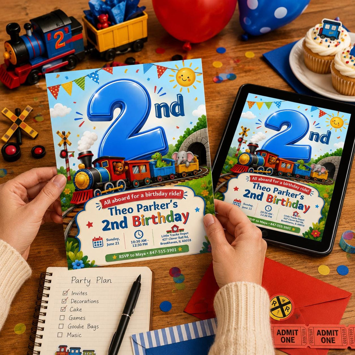 Train 2nd Birthday Invitation — invitation you personalize in Canva