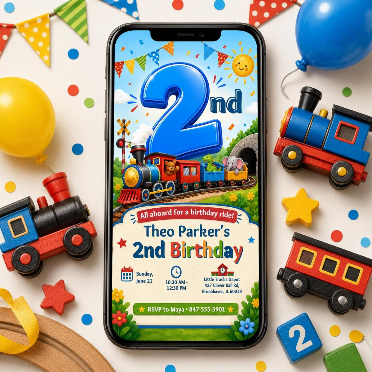 Train 2nd Birthday Invitation — print-ready 2nd birthday party design from VoltBy