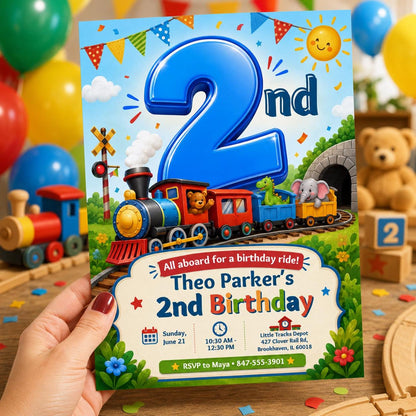 Train 2nd Birthday Invitation — 2nd birthday party stationery by VoltBy