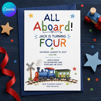 Train 4th Birthday Invitation: All Aboard 4th Birthday for Boy — editable Canva template