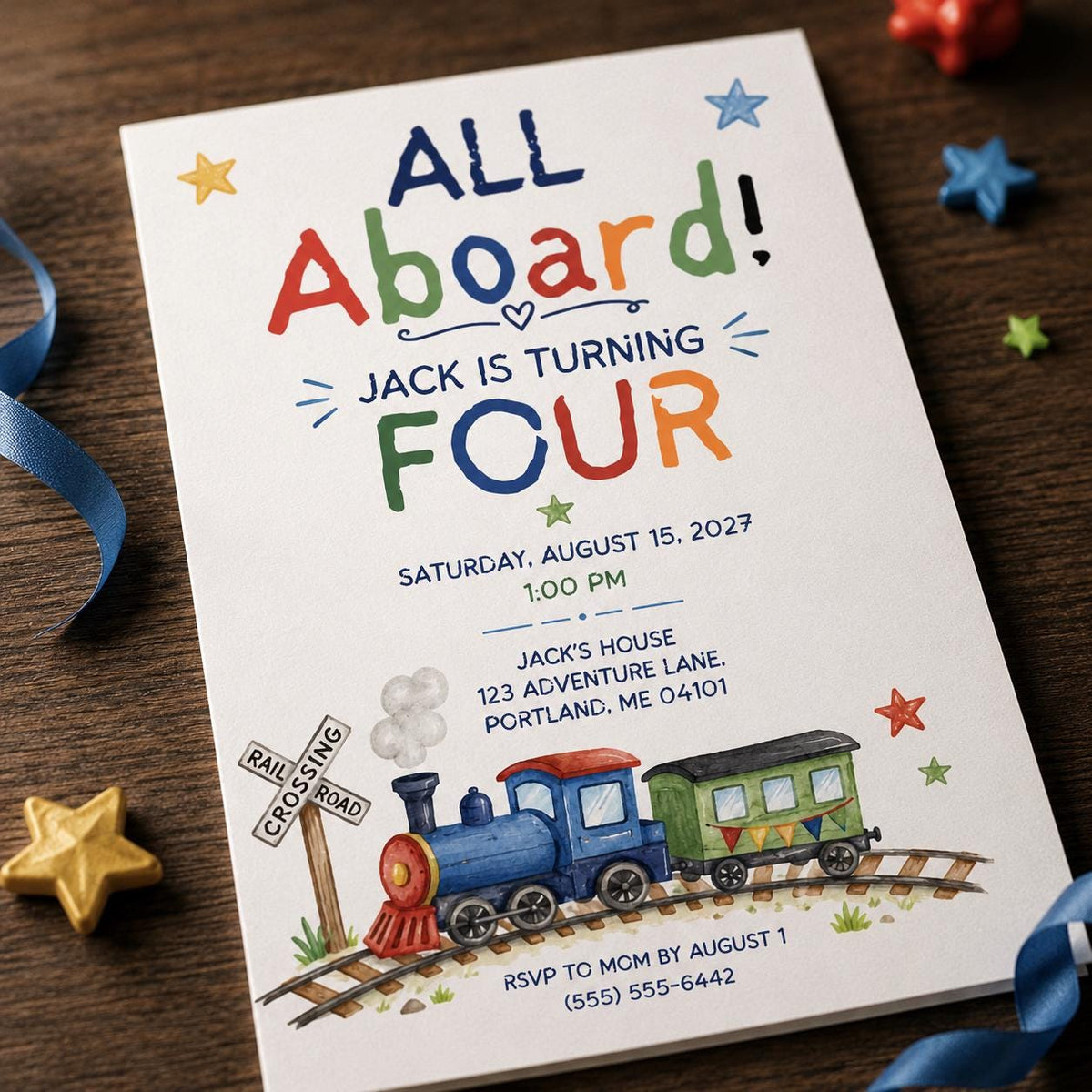 Train 4th Birthday Invitation: All Aboard 4th Birthday for Boy — invitation you personalize in Canva