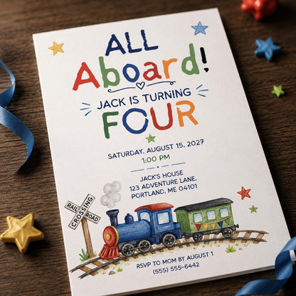 Train 4th Birthday Invitation: All Aboard 4th Birthday for Boy — invitation you personalize in Canva