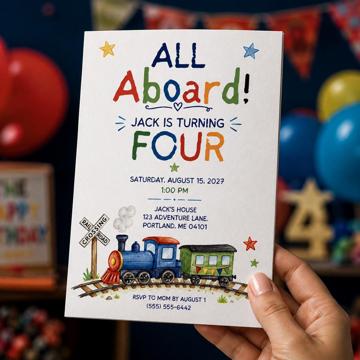 Train 4th Birthday Invitation: All Aboard 4th Birthday for Boy — digital invitation, instant download