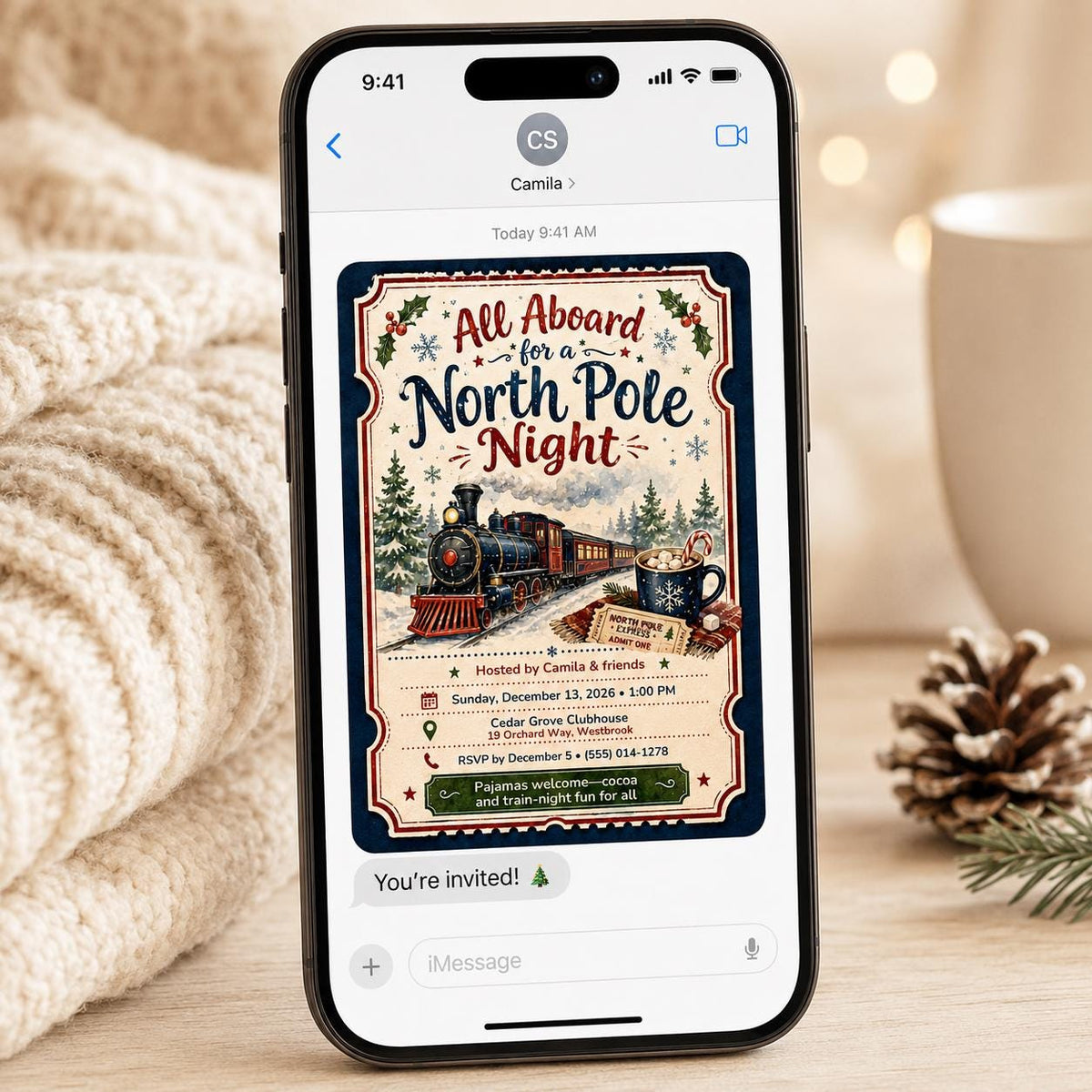 Train North Pole Night Invitation — sleepover design