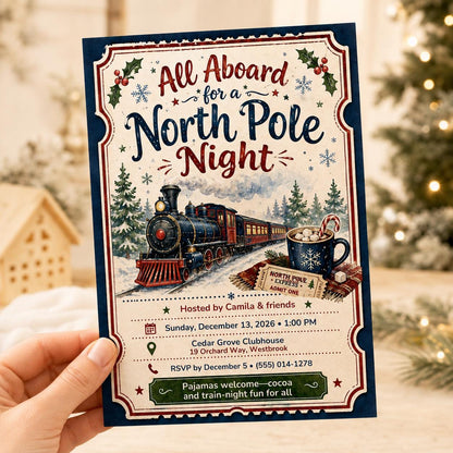 Train North Pole Night Invitation — invitation you personalize in Canva