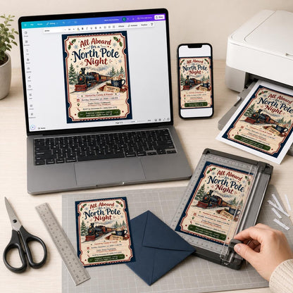 Train North Pole Night Invitation — print-ready Christmas celebration design from VoltBy