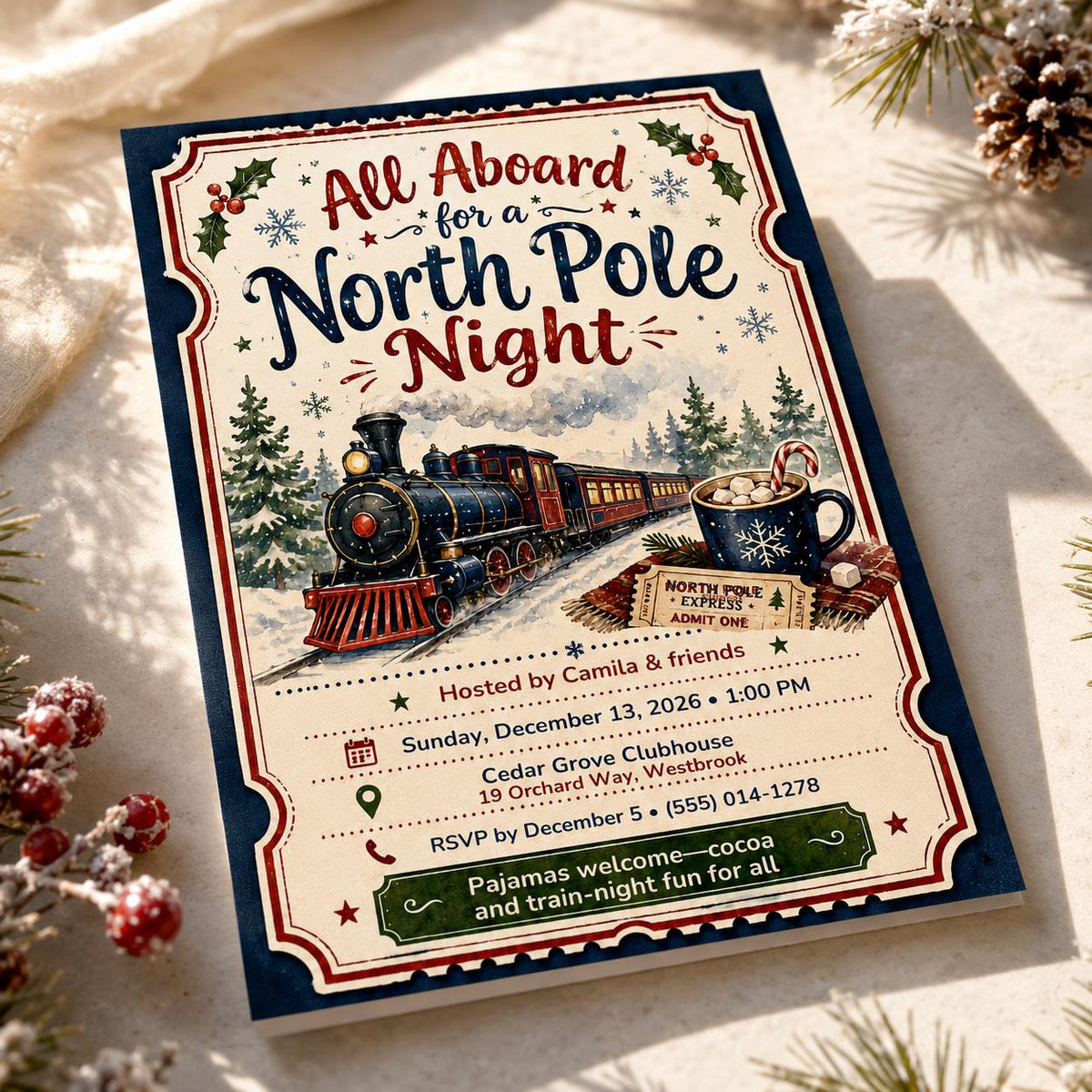 Train North Pole Night Invitation — digital invitation, instant download