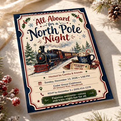 Train North Pole Night Invitation — digital invitation, instant download
