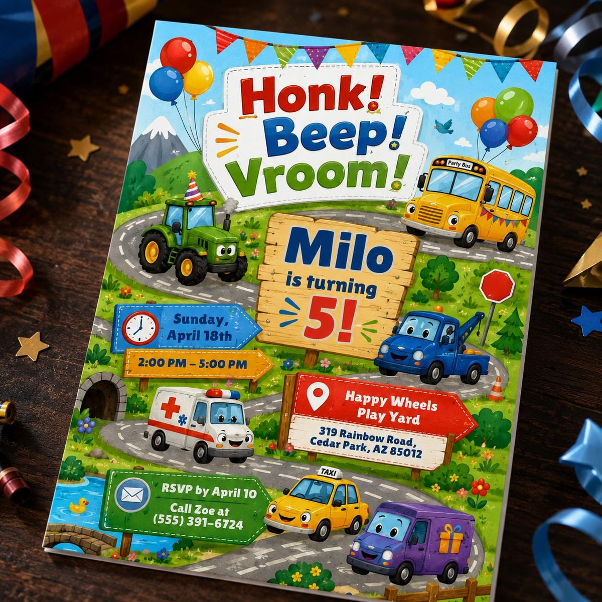 Transportation 5th Birthday Invitation for Boys — invitation you personalize in Canva