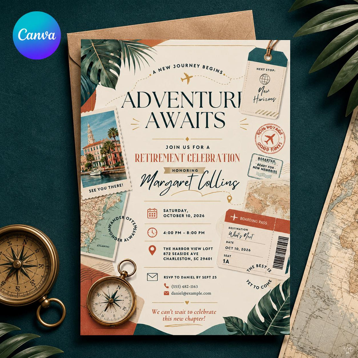 Travel Retirement Invitation — editable Canva template