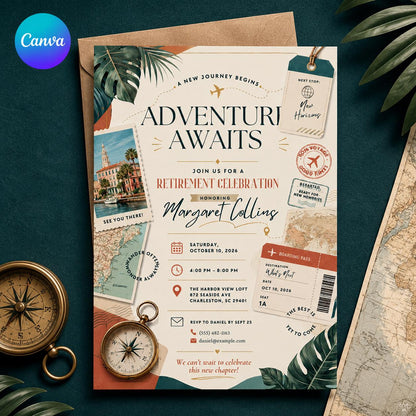Travel Retirement Invitation — editable Canva template