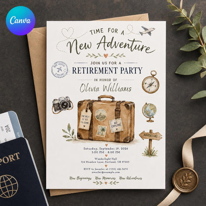 Travel Retirement Party Invitation — editable Canva template