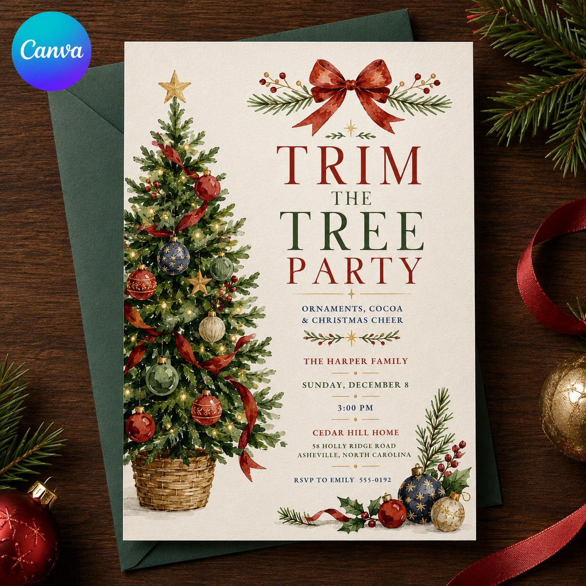 Trim the Tree Party Invitation — editable Canva template