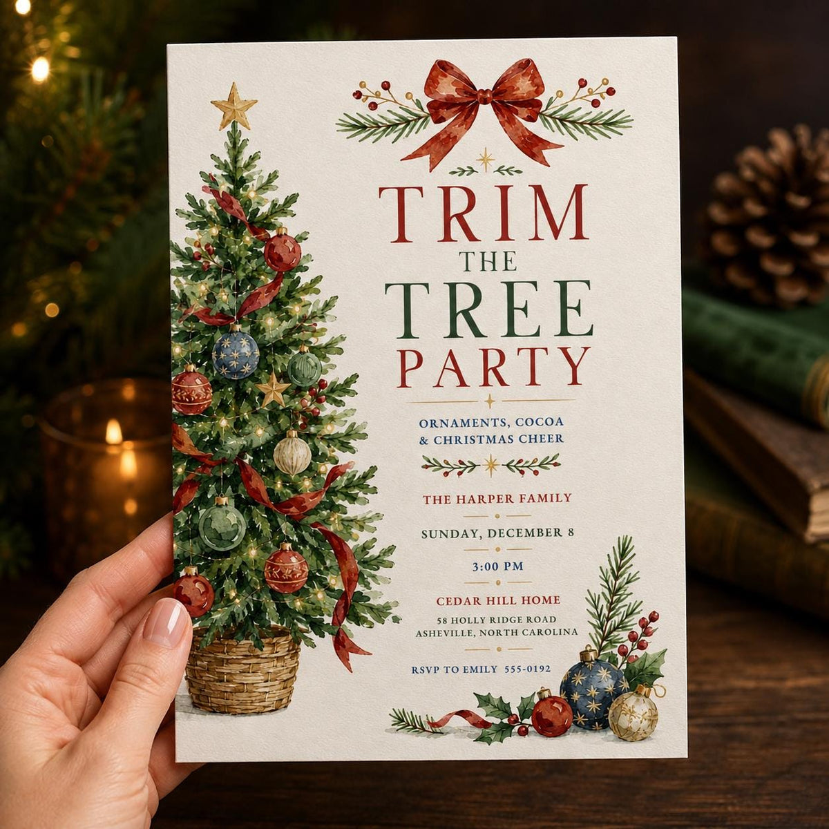 Trim the Tree Party Invitation — print-ready Christmas celebration design from VoltBy
