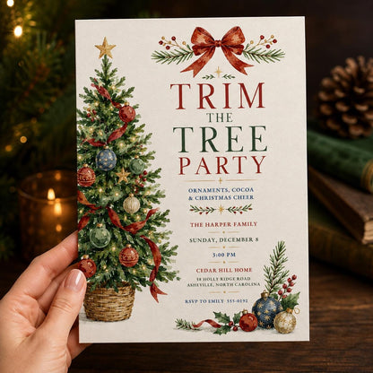 Trim the Tree Party Invitation — print-ready Christmas celebration design from VoltBy