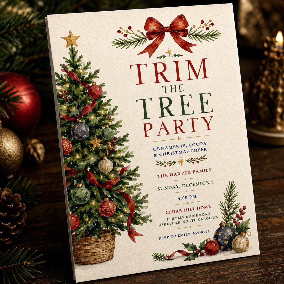 Trim the Tree Party Invitation — Christmas celebration stationery by VoltBy