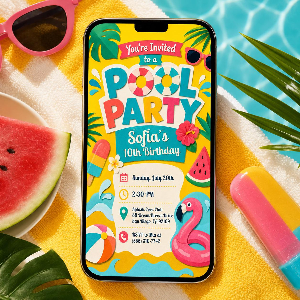 Tropical Pool Party 10th Birthday Invitation with Fruit — invitation you personalize in Canva