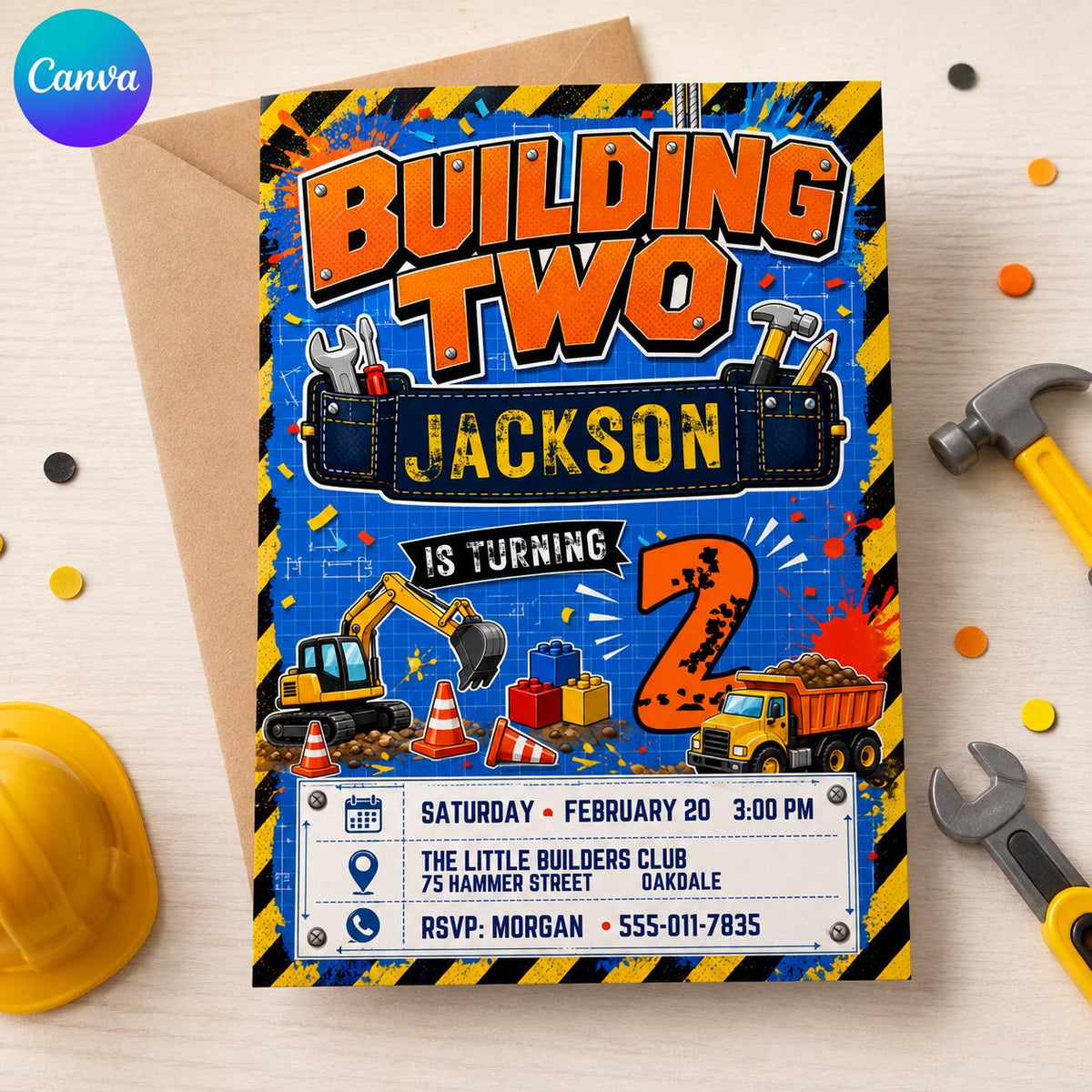 Truck Construction 2nd Birthday Invitation for Boys — editable Canva template