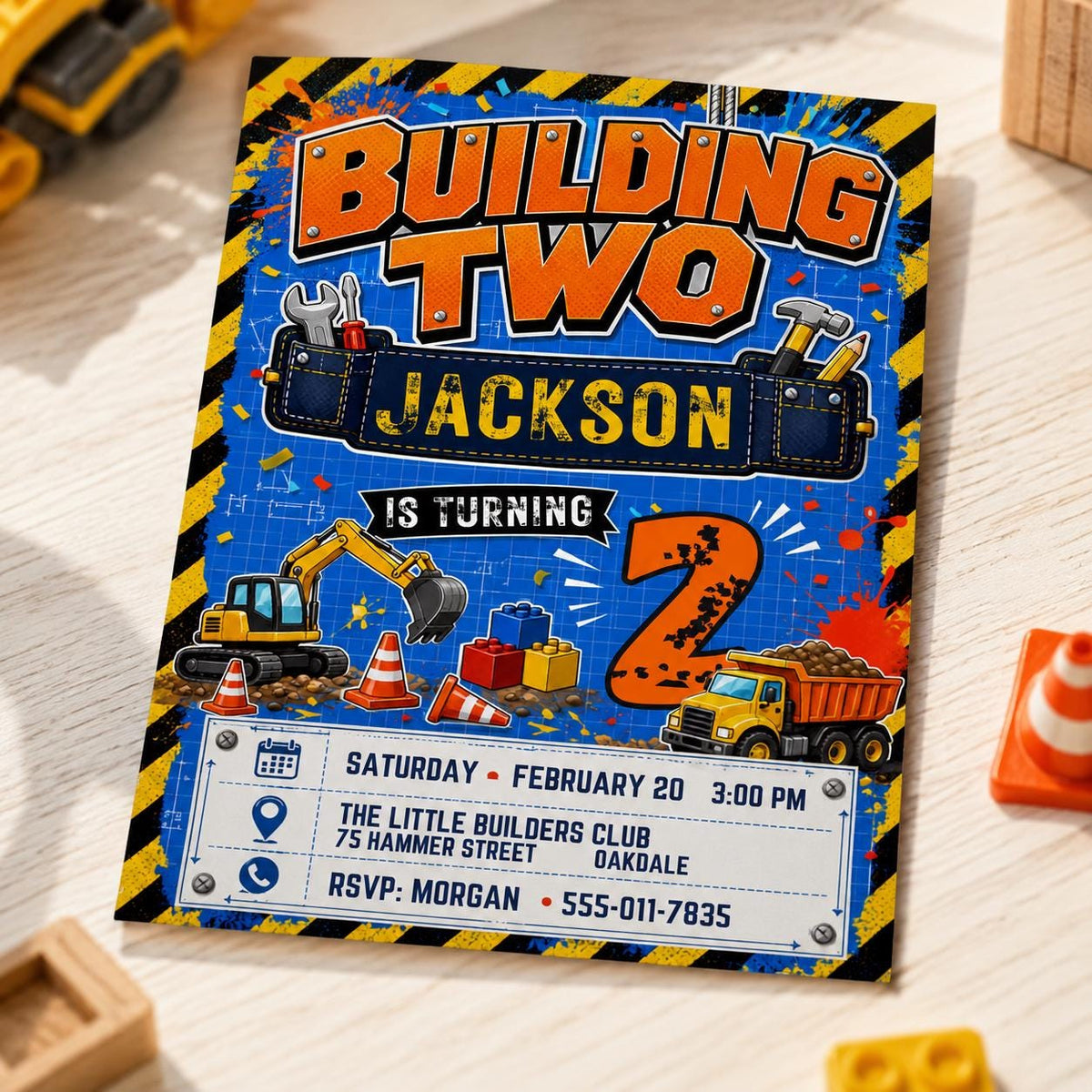 Truck Construction 2nd Birthday Invitation for Boys — invitation you personalize in Canva