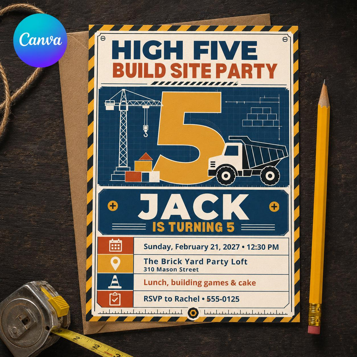 Truck Construction 5th Birthday Invitation — editable Canva template
