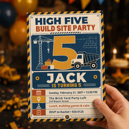 Truck Construction 5th Birthday Invitation — print-ready 5th birthday party design from VoltBy