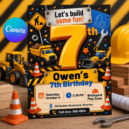 Truck Construction 7th Birthday Invitation — editable Canva template