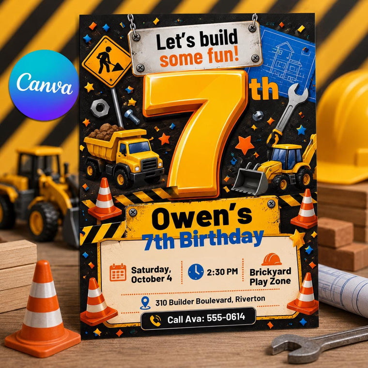 Truck Construction 7th Birthday Invitation