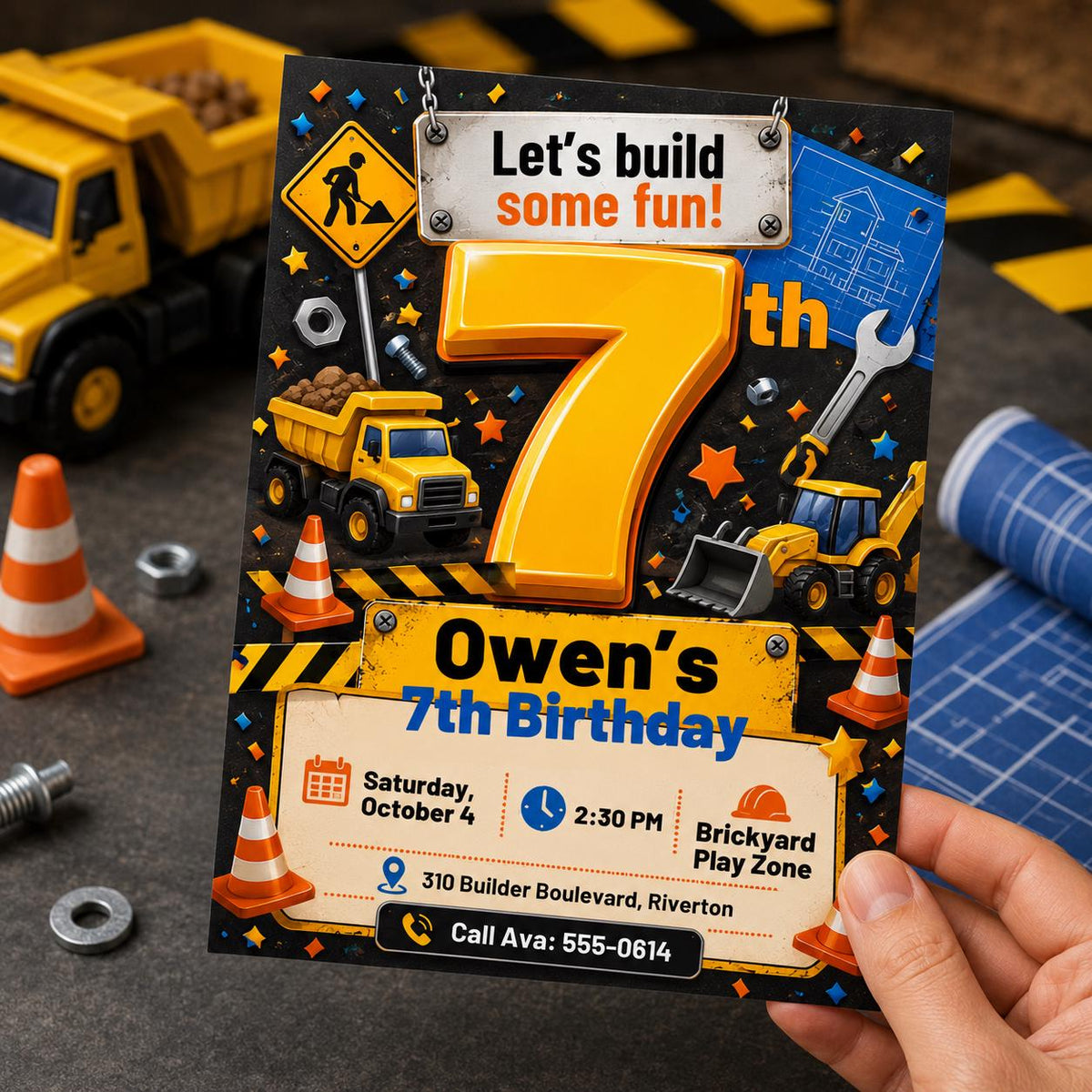 Truck Construction 7th Birthday Invitation — invitation you personalize in Canva