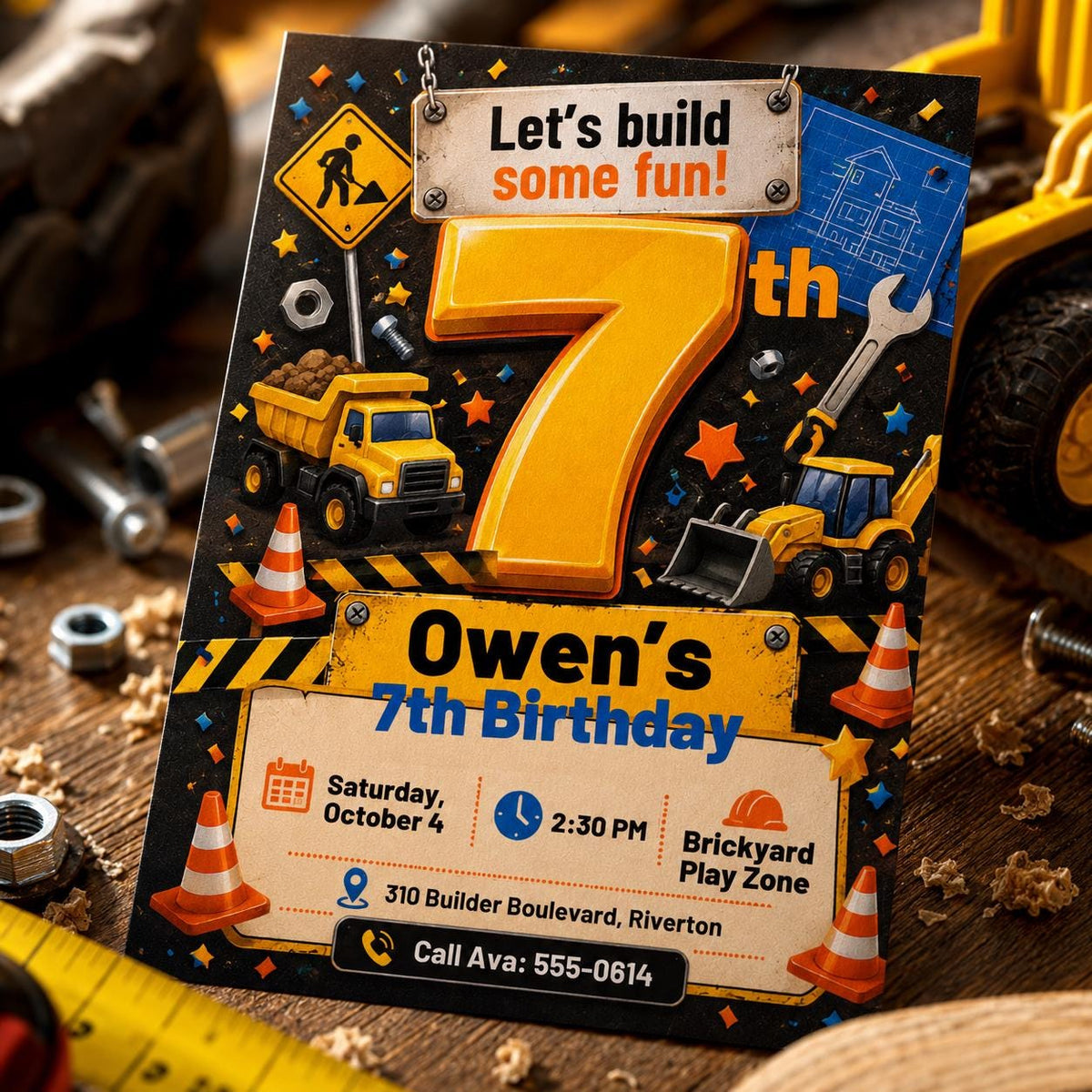Truck Construction 7th Birthday Invitation — digital invitation, instant download