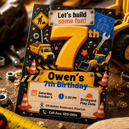 Truck Construction 7th Birthday Invitation — digital invitation, instant download