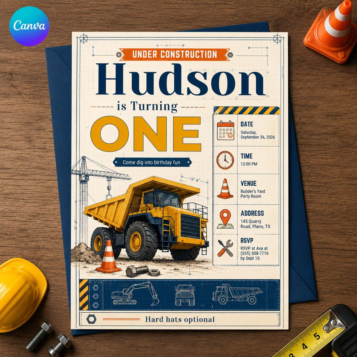 Truck Construction First Birthday Invitation — editable Canva template